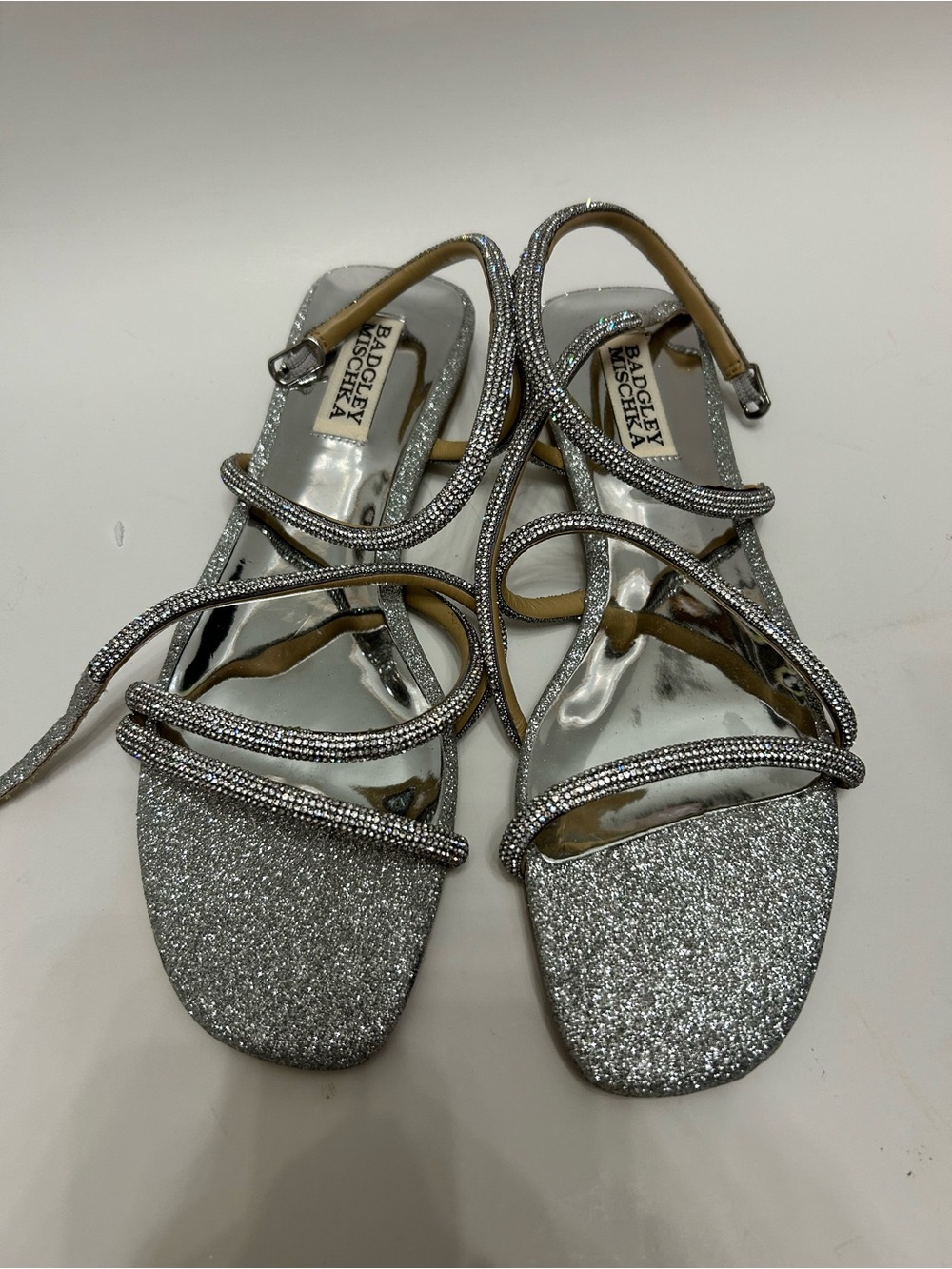 Badgley Mischka Silver Glitter Strappy Flat Sandals